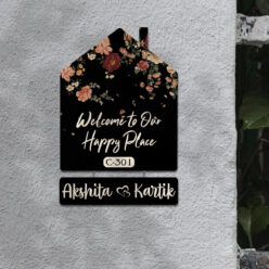 Personalized | Dark Floral Theme Hut Style Wooden Name Plate